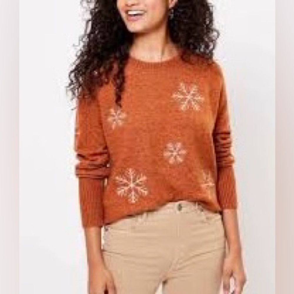 LOFT Embroidered Snowflake Sweater in Burnt Orange Brown Size Small